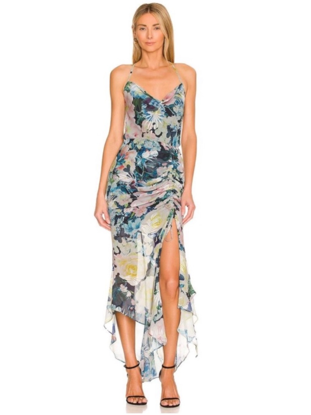 Sau Lee Freida Blue Floral Midi Dress Size 8 Mermaid Wedding Guest Cocktail